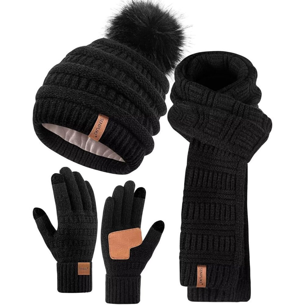 Women's Winter Beanie Scarf Gloves Set Acrylic Fleece Lined Gift UK